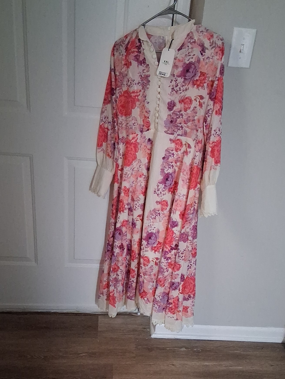 Floral Longline Trench Coat in Cream with Pink & Purple Bloom